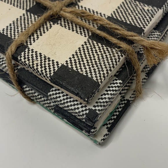 Black & White Check Plaid Pattern Ceramic Coasters | Bundle of 4 Dining Kitchen - Picture 3 of 7